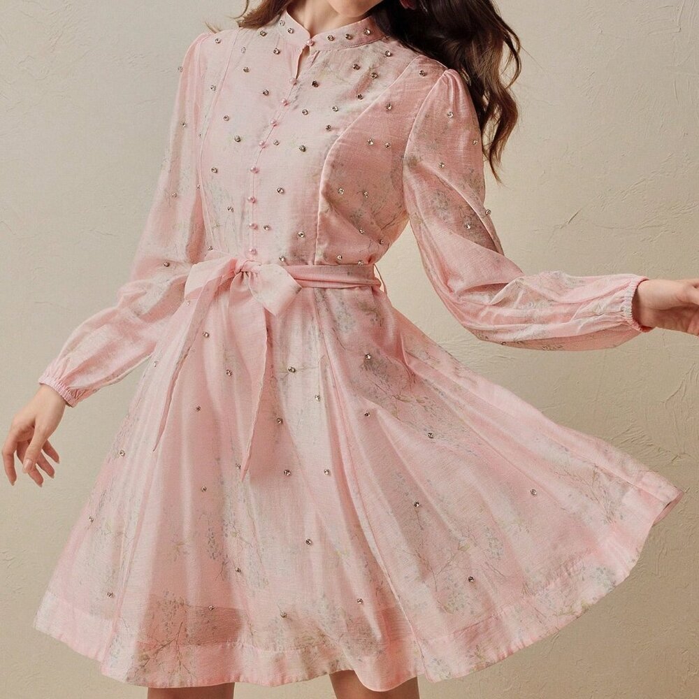 Pink Elegant Women's Long Sleeve Digital Print Versatile Rhinestone detail Dress